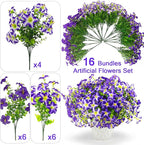 Daynight 16 Pcs Faux Petunias Artificial Flowers for Outdoors, UV Resistant Fake Purple Petunias Plants Realistic Silk Flowers for Porch Front Door Garden Window Outside Decor (16, Purple)