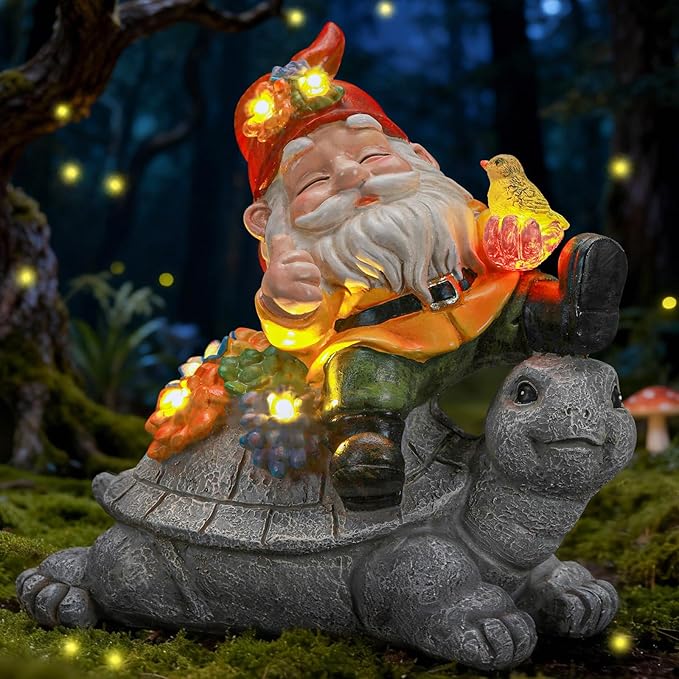 Solar Gnome Statue Outdoor Decor,Gnome on Turtle Figurines with LED Light for for Fairy Garden Yard Balcony Lawn Christmas Housewarming for Women Mom Grandma
