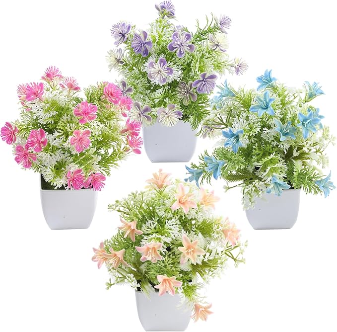 Mini Artificial Faux Plants 4 Packs, Small Fake Plants with Flowers, Black Potted Greenery for Bathroom Office Home Conference Table & Indoor Desk Decor Farmhouse Kitchen Library Restaurant