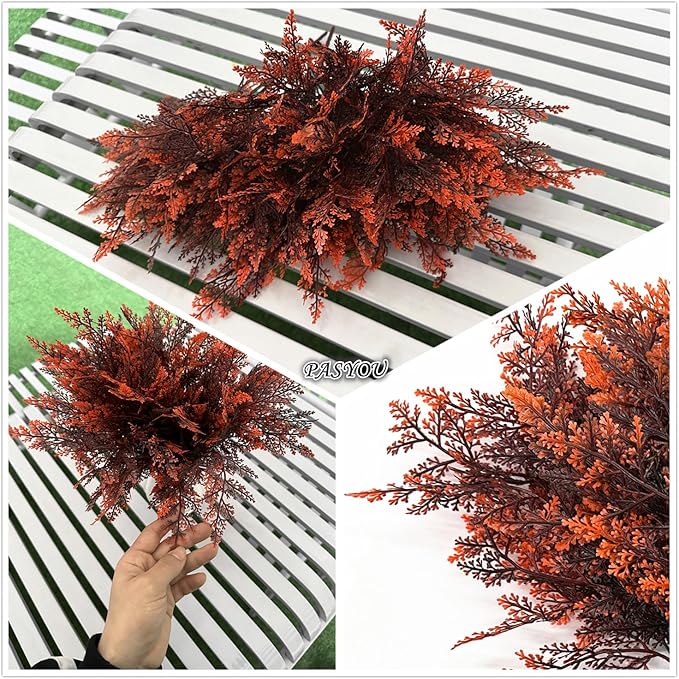Artificial Ferns Plants, Fake Plastic Plant Faux Fern Leaves Shrubs Stems Realistic Boston Grass Decor for Outdoor Indoor Home Garden Party Office Wedding Christmas Decoration DIY Foliage Red 4 Pack