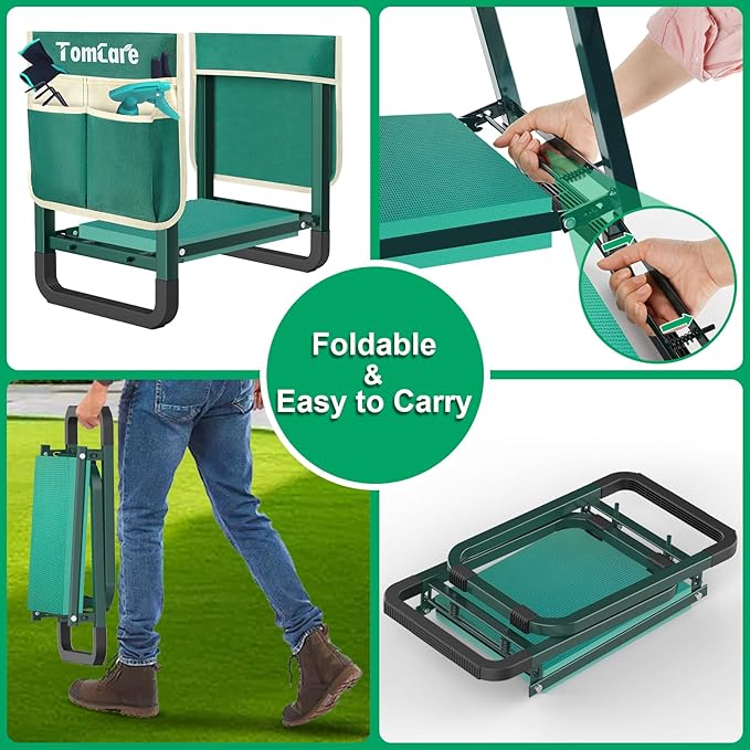 TomCare Garden Kneeler and Seat 11.14” Wider Larger Soft Kneeling Pad Garden Bench with 2 Large Tools Pouches Heavy Duty Foldable Garden Stool Gardening Gifts for Women Men Gardeners Seniors, Green