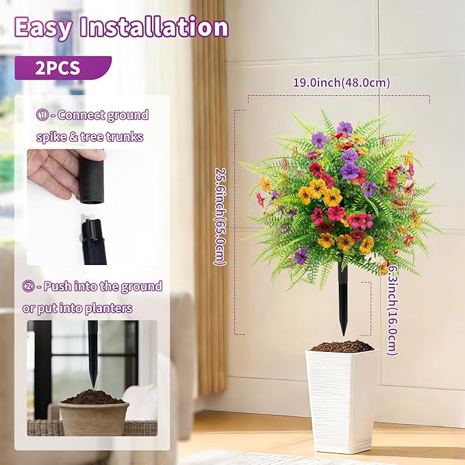 2 Pack Artificial Boxwood Topiary Ball Trees with Colorful Flowers for Outdoor - 23" UV Resistant Artificial Outdoor Shrubs Fake Bushes with Ground Spike for Front Porch Patio Garden Yard - Daisy&Fern