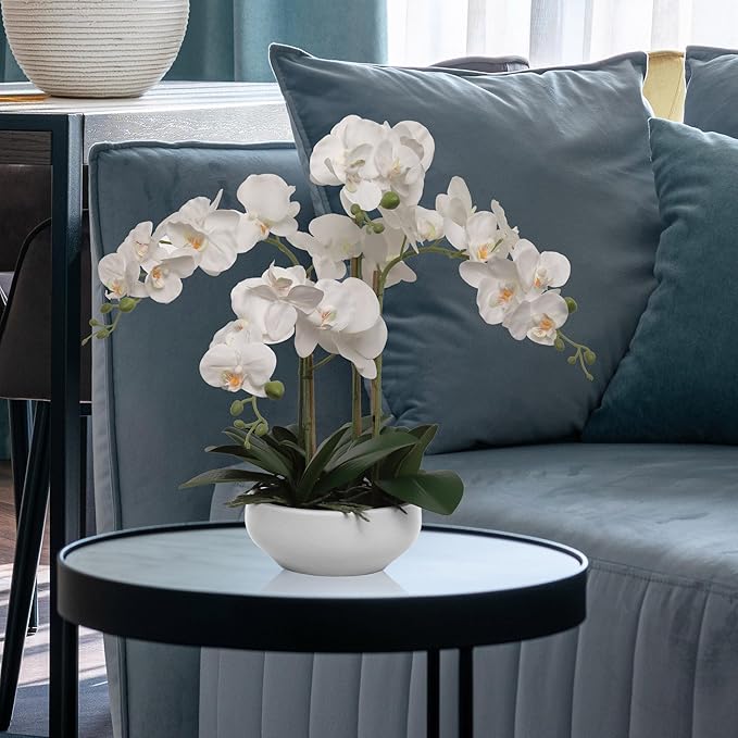 Larksilk 20" White Phalaenopsis Orchid Flowers in 8" Round White Pot | Realistic Faux Orchid | Elegant Indoor Decor for Home & Office
