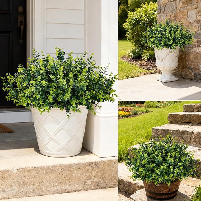 17 Inch Artificial Plants Outdoor Faux Shrubs Eucalyptus Boxwood Grass UV Resistant Fake Plant Greenery Decor for Indoor Window Garden Patio Pathway Front Porch Home Decor（24 Bundles,Green）