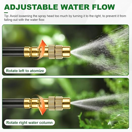 Drip Irrigation System, 100FT 1/4" Garden Watering for Outdoor Plants & Raised Beds, 30pcs Upgraded Brass Nozzles 360° Adjustable Misting Kit, UV-Resistant Tubing for Greenhouse, Lawn & Patio Cooling