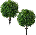 Artificial Eucalyptus Topiary Ball Trees for Outdoor Set of 2 Fake Plant Bushes with Ground Spike UV Resistant Faux Shrubs for Garden Front Porch, Green