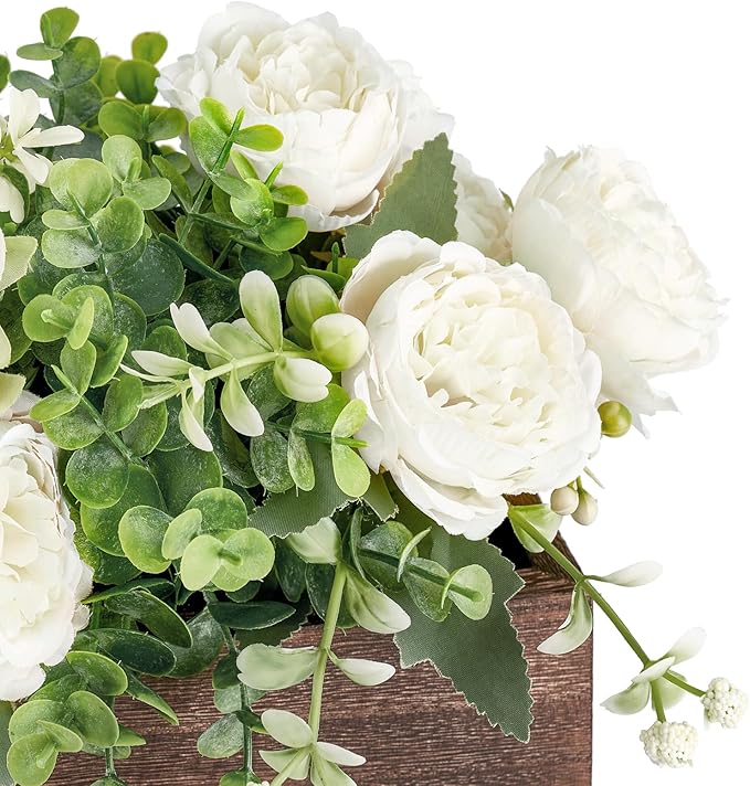 Dahey Centerpiece Table Decorations for Dining Room Farmhouse Living Room Wood Tray with 3 Artificial Flowers and 2 Eucalyptus for Kitchen Table, 14.1" x 4.7" x 3.1", White
