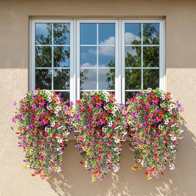CEWOR 4pcs Artificial Hanging Flowers Plants for Outdoor, Fake Flowers Faux Silk Daisy with Eucalyptus, UV Resistant Realistic Faux Flower for Outside Indoor Home Porch Patio Decor, Multicolor