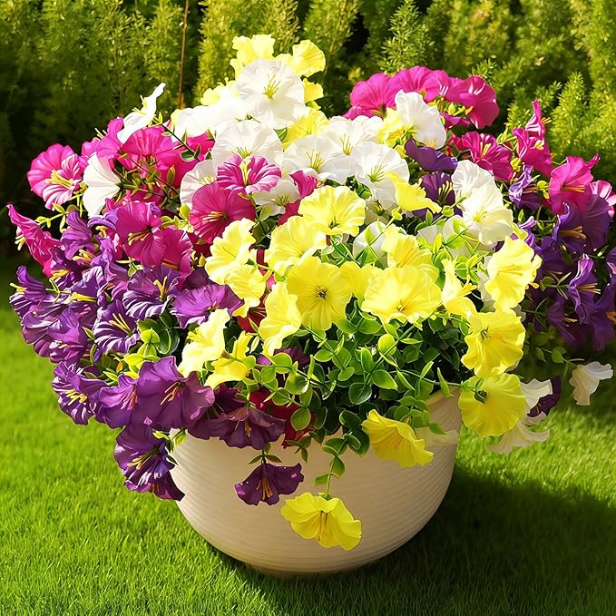 Fanfantoey Artificial Flowers for Outdoor, UV Resistant Fake Plants Outside Decoration, 14 Pcs Realistic Silk Morning Glory Faux Flowers for Porch Patio Gardens Home Decor(14, 4 Mixed)