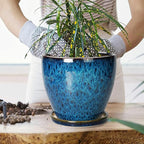 8 Inch Ceramic Planter Pot with Drainage Hole and Saucer, Ceraimc Plant Pot Round Flower Pot for Indoor Plants Outdoor Garden Planter, Blue