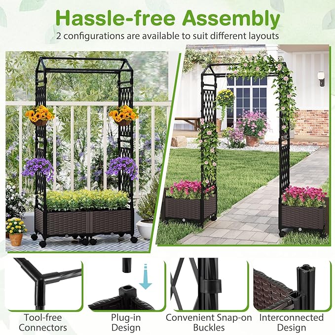 Giantex Planter Boxes with Arch Trellis, 5FT Self-Watering Tall Raised Garden Bed w/Wheels, Hanging Roof & Drainage Holes, Outdoor Indoor Tomato Planter for Climbing Vines Vegetables (61"x16"x64")