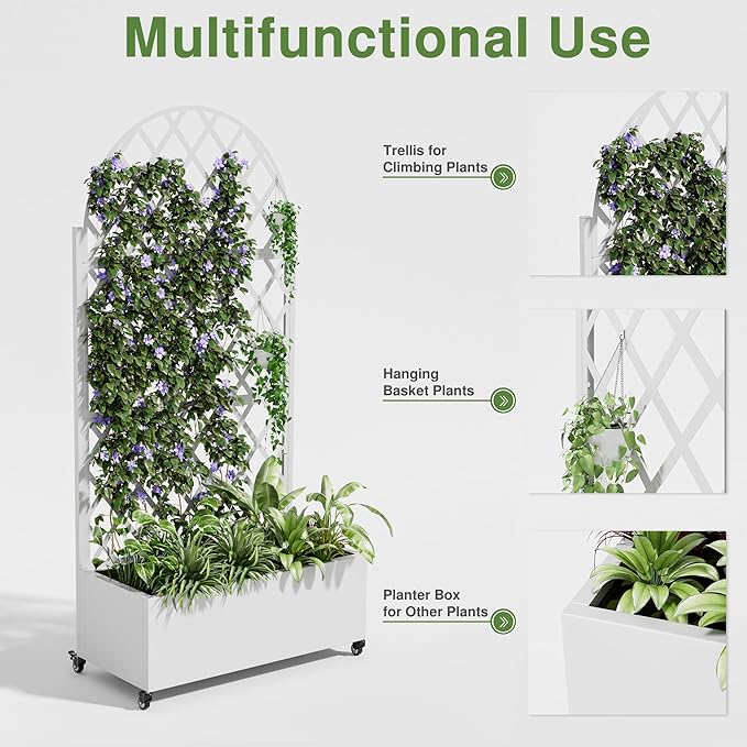 Casaphoria Metal Raised Garden Bed with Trellis and Wheels, 72"x35"x16" Arched Planter Box for Climbing Plants, Vegetables & Vines, Features Drainage Holes and Privacy Screen (White-Rhombus)
