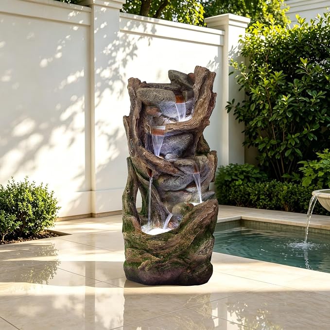 Solarbloom 38.6" H Outdoor Fountains, Multi-Tier Rock Tree Trunk Outdoor Water Fountain with LED Lights, Freestanding Cascading Waterfall for Garden, Patio, Backyard, Porch Decor
