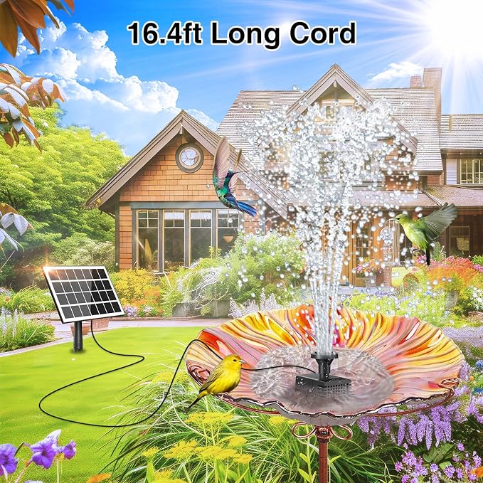 Jutai Solar Fountain Works in Cloudy Day with 2000mAH Battery Backup, 3.5W Glass Panel DIY Water Pump Kit with Sucker and Stake for Bird Bath, Water Feature,Garden, Outdoor-7 Nozzles,16.4ft Power Cord