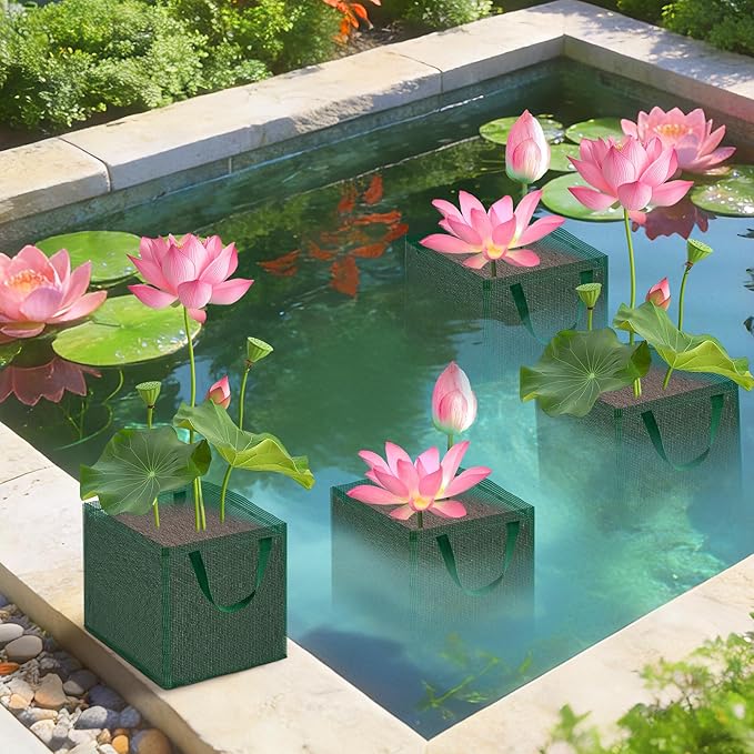 EBaokuup 4 Pcs Pond Planting Bag with Handle, Reusable 7 Inch Square Aquatic Mesh Plant Pot for Ponds, Breathable Green Water Garden Pond Plant Basket for Lotus Bog Terrestrial Plants