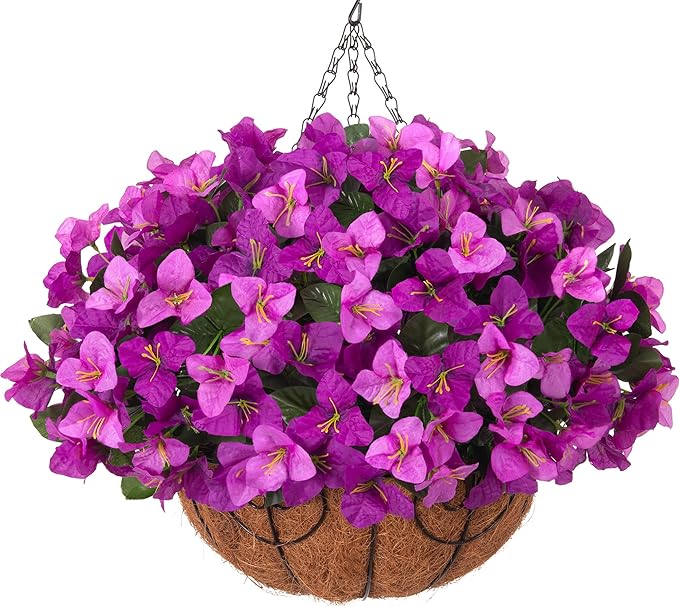 HyeFlora Artificial Hanging Flowers Plant with Basket for Outdoors, Fake Hanging Plants Silk Bougainvillea in Planter Realistic UV Resistant Faux Flower for Outside Porch Patio Garden Home Decor, Mix