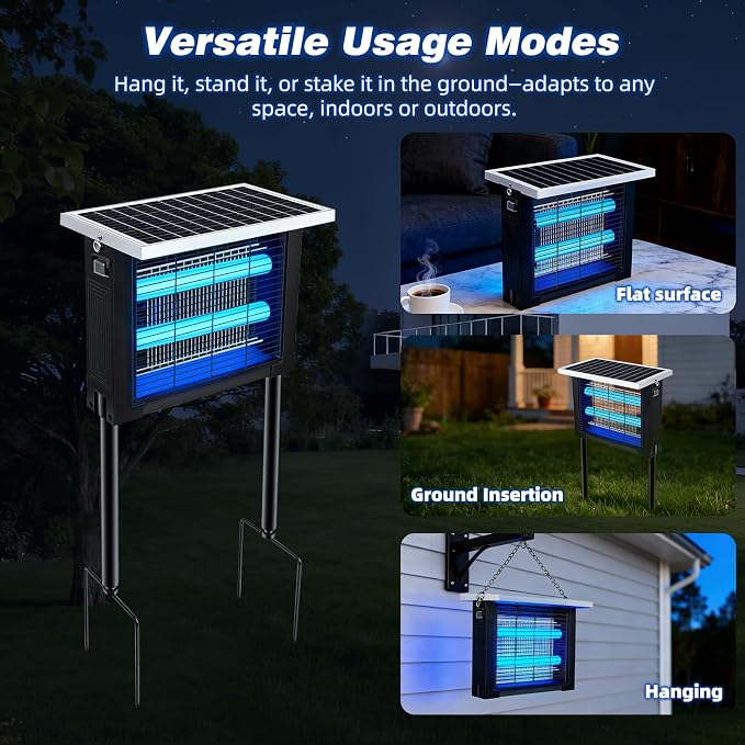 Solar Bug Zapper Outdoor for 2000 sq.ft, Portable Solar Mosquito Zapper with 13 FT Extension Cord, Rechargeable Electric Bug Zapper with High Powered for Patio Garden Backyard RV Camping Pest Control