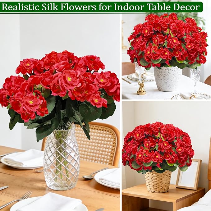 8 Bundles Artificial Geraniums Flowers for Outdoors Summer Mother's Day Derby Day Decor, Fake Cemetery Flowers Silk Red Flower UV Resistant No Fade Faux Plant for Porch Garden Home Planter Patio Decor