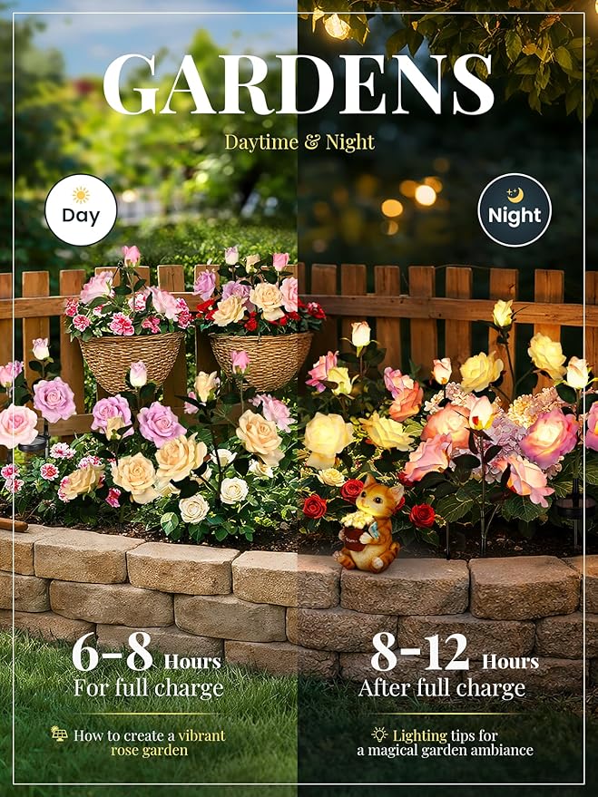 GIGALUMI Solar Lights Outdoor for Garden Decor, 6 Pack Solar Flower Lights Waterproof, 2 Lighting Modes 18 Roses for Pathway,Yard, Patio Decoration, Gardening Gifts for Women (Multi-Colored)