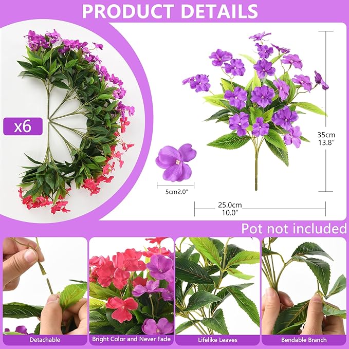 Artificial Impatiens Flowers for Outdoors, 6 Bundles Silk Fake Flowers for Spring Summer Decoration, UV Resistant Faux Plants Plastic Bouquet for Home Planter Porch Patio Yard Decor(Purple Rose Red)