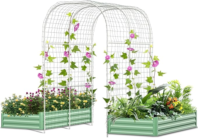 SUNYRISY Galvanized Raised Garden Bed with 87" H Arch Trellis for Climbing Plants Outdoor, Large Metal Planter Box with Netting for Gardening Flowers Vegetables Fruit, Green