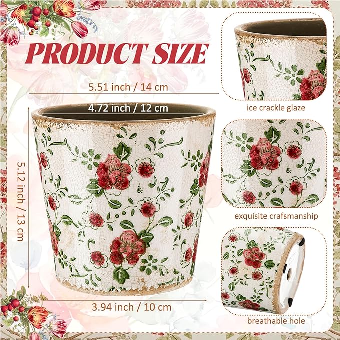 Beeveer Farmhouse Ceramic Planter 5.5 Inch Large Plants Pot Crack Beige Red Rose Flowers Plant Pots with Drainage Hole Indoor Plants Kitchen Rustic Antique Decor Gift