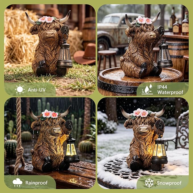 Solar Highland Cow Garden Outdoor Statue,Cow Figurines Sculpture with LED Light,Farmhouse Decor,Patio Balcony Yard for Pasture & Farm Theme Mother's Day Housewarming Gift for Women Mom Grandma