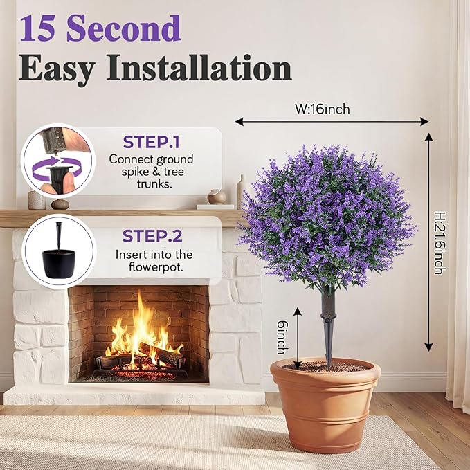 PATIO CHOICE Artificial Topiary Boxwood Ball Trees with Lavender Set of 2 22" Artificial Faux Plants Realistic Bushes Fake Shrubs Decorations for Outdoor Indoor Front Porch Garden