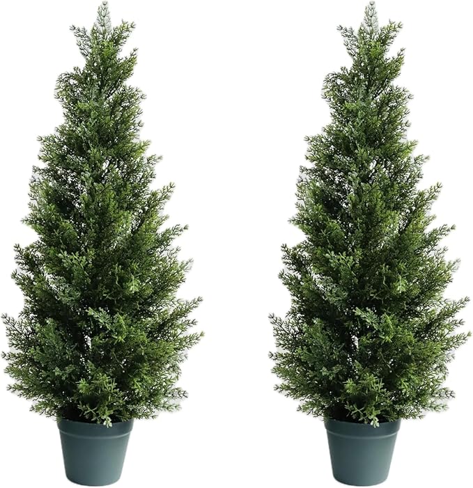 3FT Artificial Cedar Topiary Tree for Outdoor & Indoor Use – UV Rated Faux Cedar Tree in Planter, Fake Plants for Outdoor Planters & Indoor Decor, Ultra Realistic Artificial Shrubs (2 Pack)