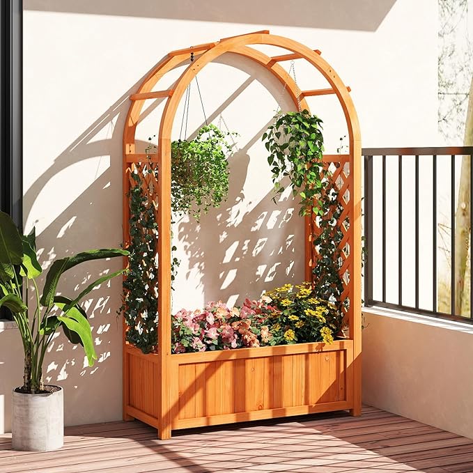 Giantex Raised Garden Bed with Arch Trellis, for Climbing Vine Flower Vegetable, Wood Planter Box with Liner & Drainage Design, Outdoor Plant Container for Yard Balcony (33"x14"x58")
