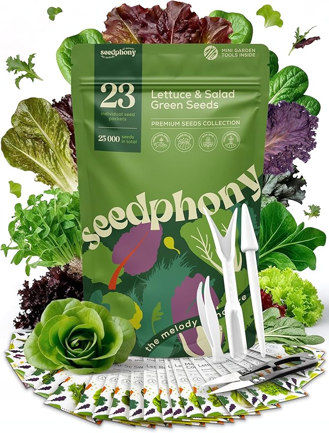 23 Lettuce & Salad Greens Seeds Variety Pack - 25,000+ Non-GMO Heirloom Greens Seeds for Planting Lettuce Indoor & Outdoor: Arugula, Mizuna, Kale, Spinach, Swiss Chard, Mache & More Lettuce Seeds