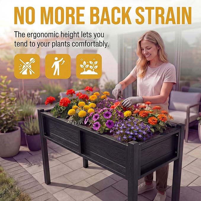 DWVO Raised Garden Bed HDPE with Legs Poly-Wood All-Weather Elevated Planter Box Outdoor with Drainage System Patio Planters for Herbs Vegetables Flowers Plant Bed for Garden Balcony, Black