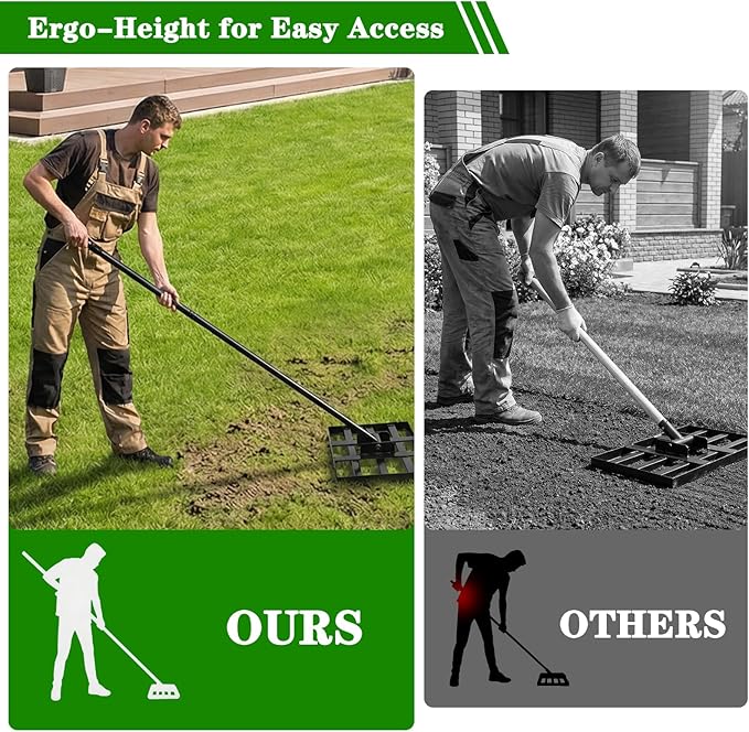 Lawn Leveling Rake 17x10 inch, Heavy Duty Ground Leveler for Soil, Sand, Effortless Smooth Use & Easy Assembly Stainless Steel Landscape Rake for Backyard, Garden, Golf Course, Black