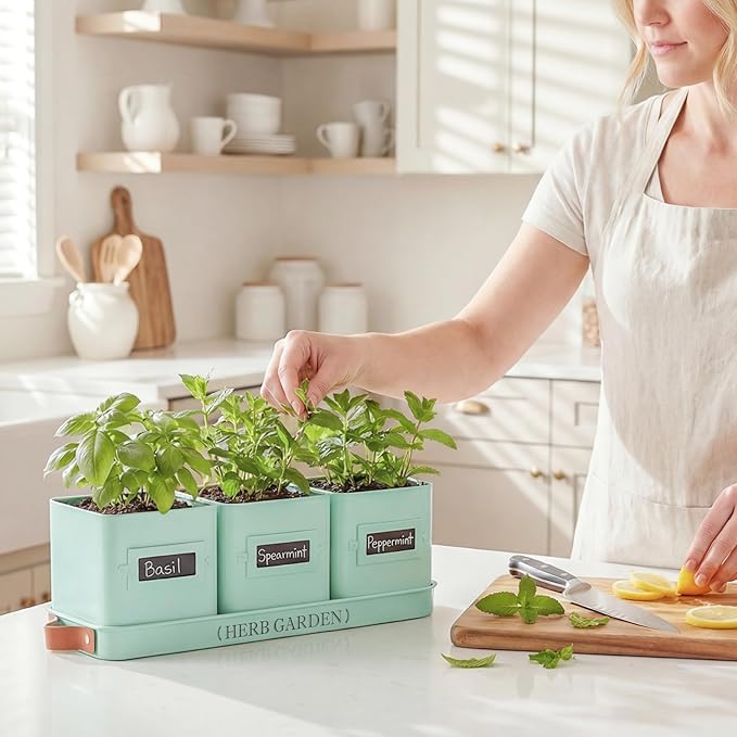 PERFNIQUE Indoor Herb Garden, Herb Planter Set with Tray, Farmhouse Indoor Plant Pots, Windowsill Herb Garden with Drainage(Planter only) for Indoor/Outdoor, Window Pots (Mint)