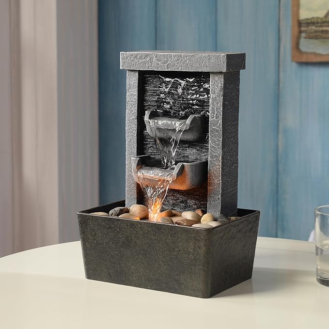 GOSSI Indoor Waterfall Fountain, 10.3" Tabletop Water Fountain with LED Lights & River Rocks, Relaxing Home Office Decor