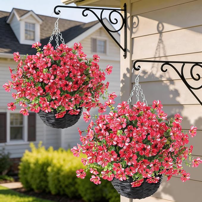 Artificial Flower & Eucalyptus with Hanging Basket - 2PCS Faux UV Sun Resistant Morning Glory in Planter, Fake Colorful Silk Flowers for Spring Summer Porch Patio Balcony Yard Decor (Rose Red)