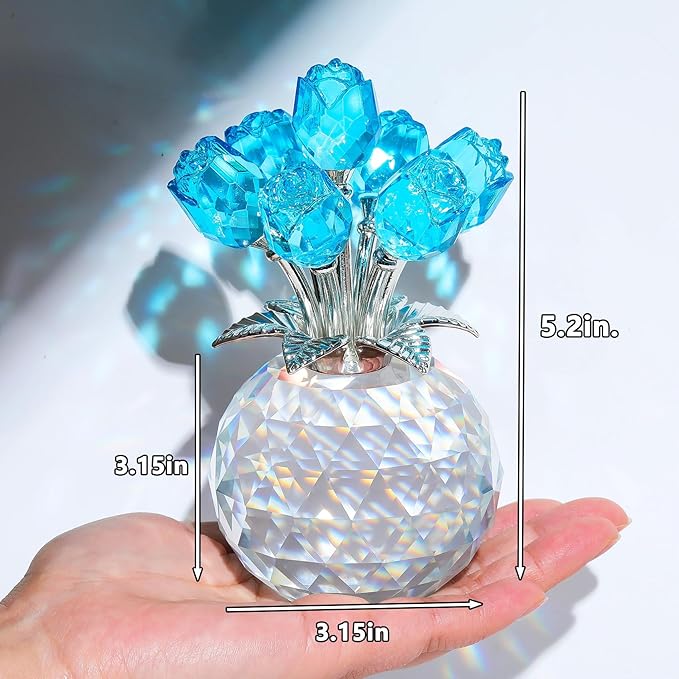 YWHL Crystal Lake Blue Rose Bouquet Figurine with Round Vase, Romantic Glass Rose Flower Gifts for Women Mom on Anniversary Birthday Christmas, Rose Collectible Figurine for Wedding Home Decorations