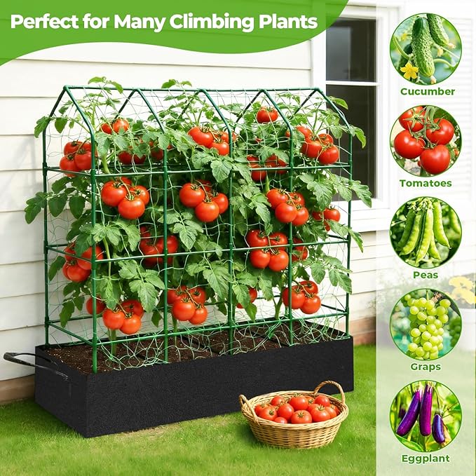 Large Cucumber Trellis for Climbing Plants Outdoor with Grow Bag,67" Tall Metal U-Frame Plant Trellis for Cucumber with Garden Netting and Plant Clip Plant Ties for Vegetables Tomatoes Squash Pea