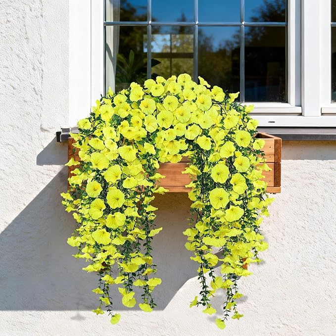 Artificial Hanging Flowers for Outdoors, 2 PCS 300 Blooms UV Resistant Morning Glory Faux Silk Vines, No-Odor Realistic Fake Plants for Garden Planter Porch Patio Decoration, Yellow