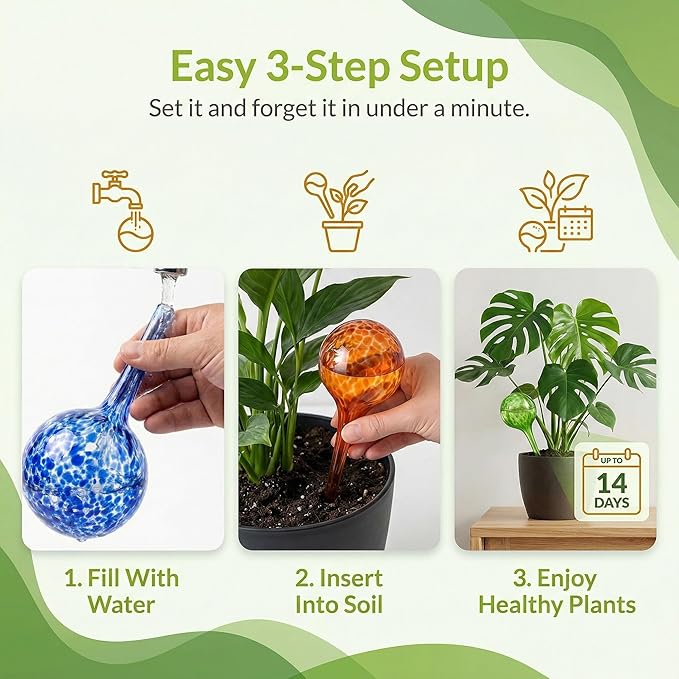 Automatic Plant Watering Globes Self Watering Planter Inserts (Set of 6) | Hands Free Multicolor Glass Bulbs | Planter Spikes to Support Indoor & Outdoor Plant Health (350ml)