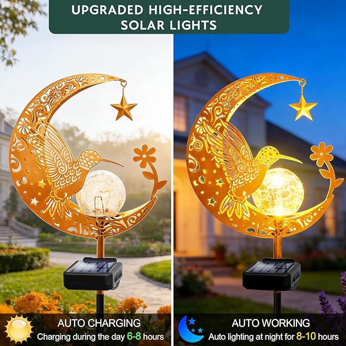 ZNYCYE Solar Garden Decor Outdoor Statue, Moon Fairy Garden Figurines with Hummingbird Design for Mom Women Grandma Solar Stake Lights for Patio, Yard, Lawn, Pathway (Warm White)