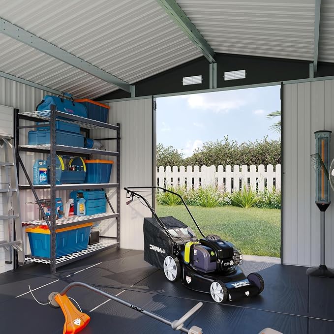 Aoxun 10x8 FT Shed with Floor Heavy-Duty Galvanized Steel Outdoor Storage Shed with Double Doors, Ventilated Weatherproof Design for Bike/Generator/Tool Organization (Brown with Floor)