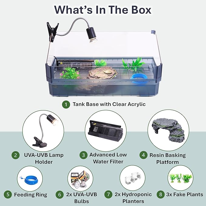 Large Turtle Tank Kit for Aquatic Turtles – Complete Starter Habitat with Filter, UVB Lamp, Basking Platform, Plants, Feeding Ring – Turtle Aquarium Kit (Black)