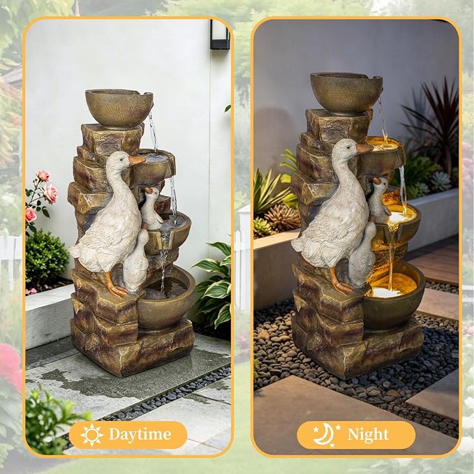 31.5" H Duck Outdoor Water Fountain, 4-Tier Cascading Garden Fountain with LED Light, Resin Waterfalls for Patio, Backyard, Yard, Porch, Front Door