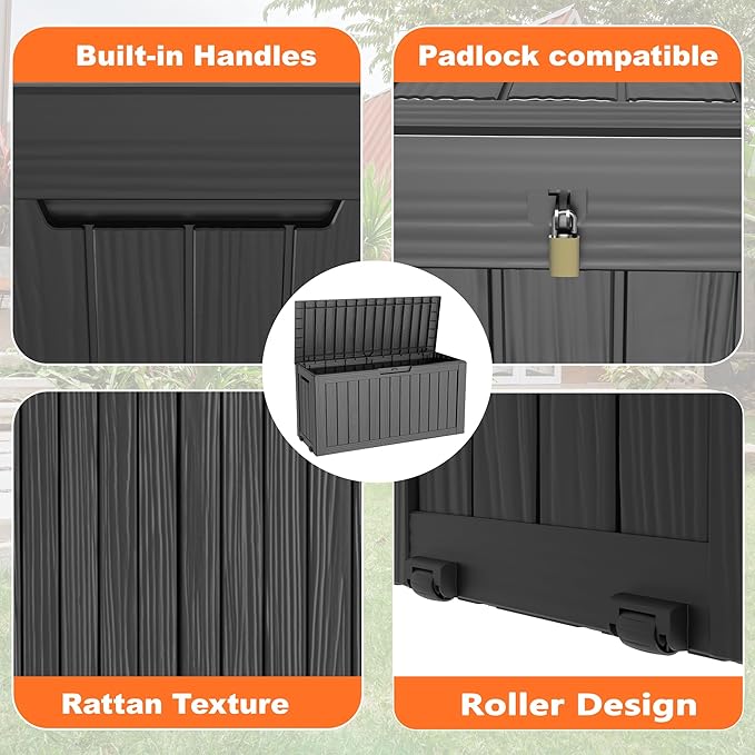 PatioZen 75 Gallon Resin Deck Box, Lockable Patio Outdoor Storage Box for Furniture, Garden Tools and Tools Storage, Waterproof Outside Storage Boxes - Black