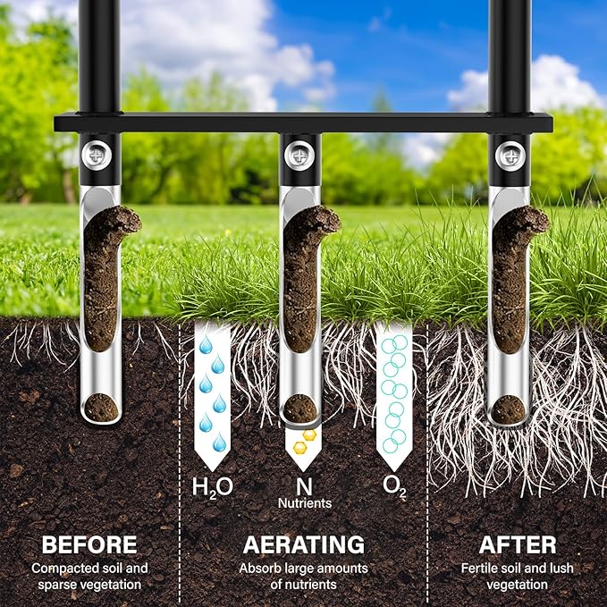 VASALAID Lawn Aerator Tool, Manual Core Lawn Aerator with 3 Stainless Steel Hollow Tines, Heavy Duty Grass Aerating Tool for Compacted Soil & Lawn Care