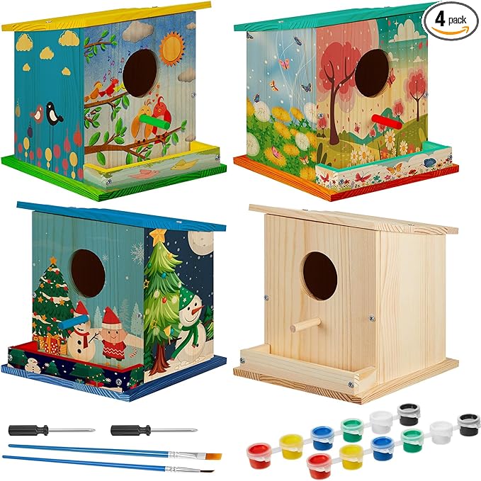 Liliful 4 Pack Birdhouse Crafts for Kids, Wooden Creative DIY Bird House Kits Arts and Crafts Set for Kids and Adults, Spring Birthday Gifts for Toddlers Ages (Single Style)