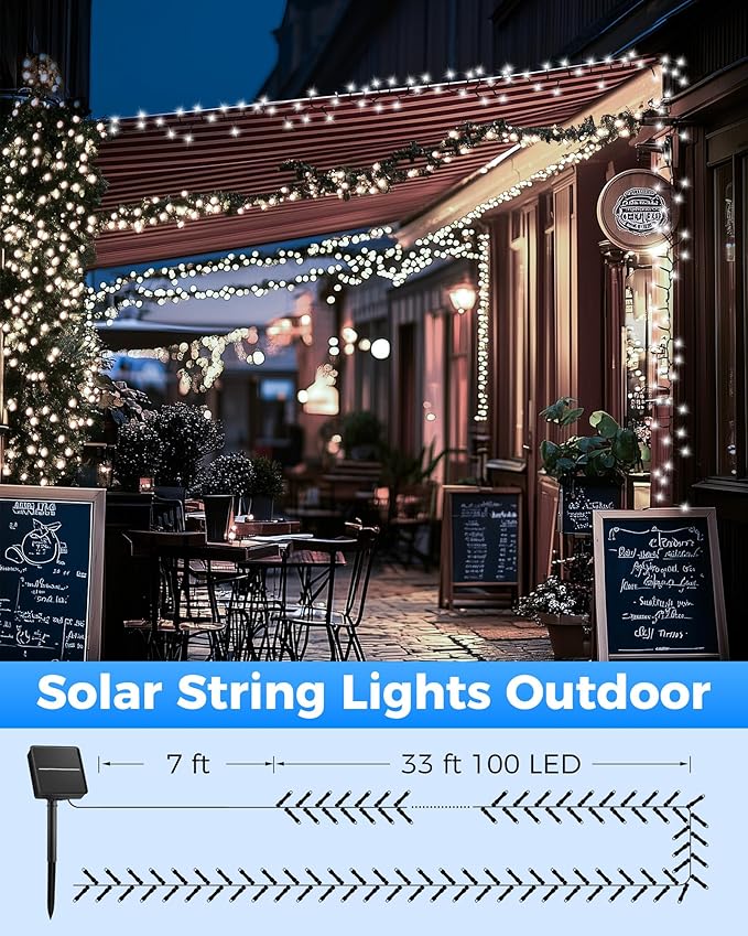 Brightown Solar Outdoor String Lights - 50 FT 120 LED Solar String Lights for Outside with 8 Lighting Modes, IP65 Waterproof Solar Outdoor Lights, Suitable for Tree Party Decor, Pure White