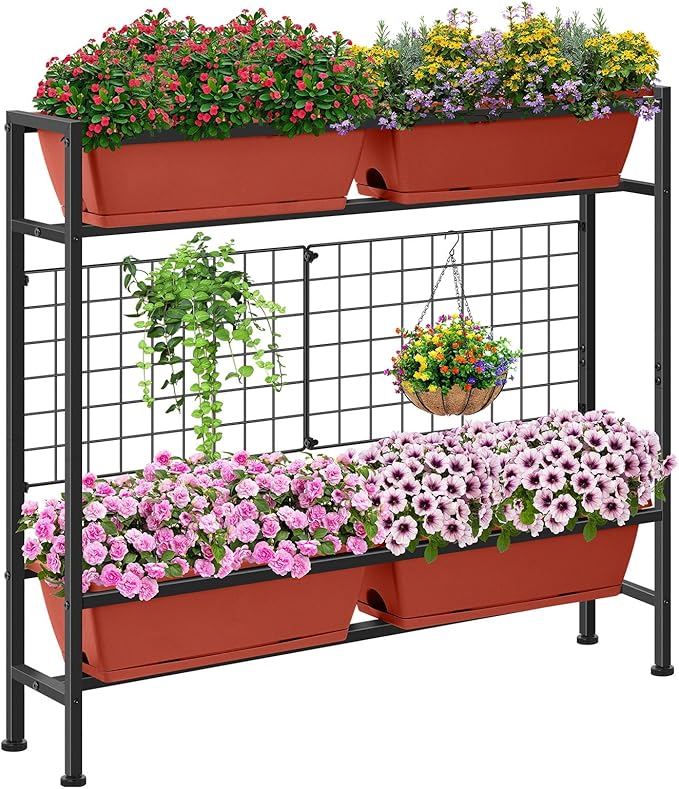 CADUKE Raised Garden Bed, Garden Raised Planter Box with Legs, 32" Elevated Vegetable Garden Beds with Drainage Holes & Trellis, Herb Garden Planter Outdoor for Vegetables, Balcony, Red