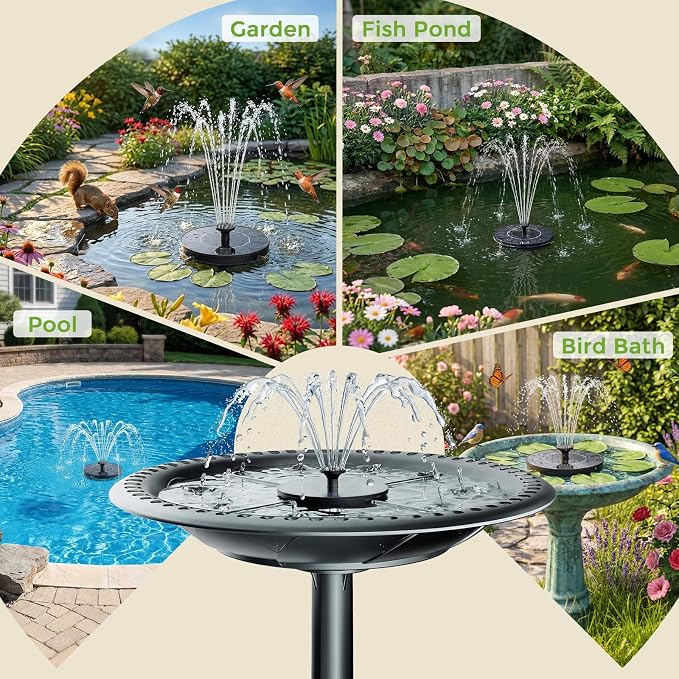 AMZtime Solar Fountain, 2026 Upgraded Solar Water Fountains with 6 Nozzles, Free Standing Floating Solar Powered Water Fountain Pump for Bird Bath, Garden, Pool, Pond and Outdoor